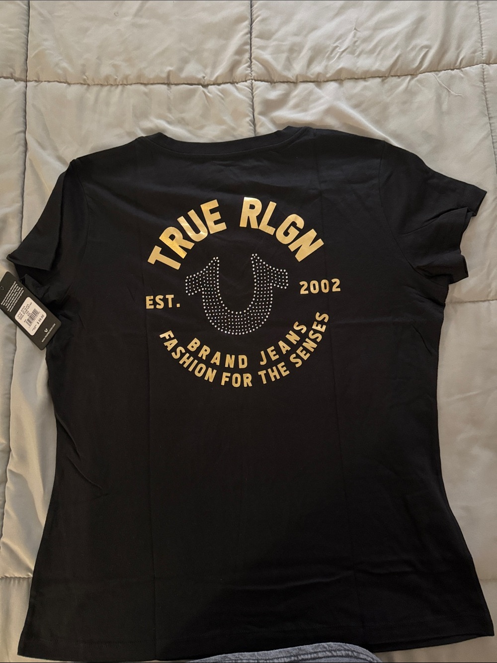 True Religion Black V-Neck Tee with Crystal Horseshoe Accent